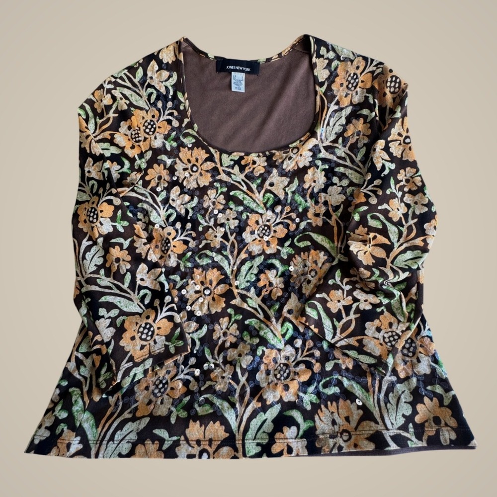 Jones New York Womens Floral Sequin Mesh Top Brown Orange 3/4 Sleeve Large